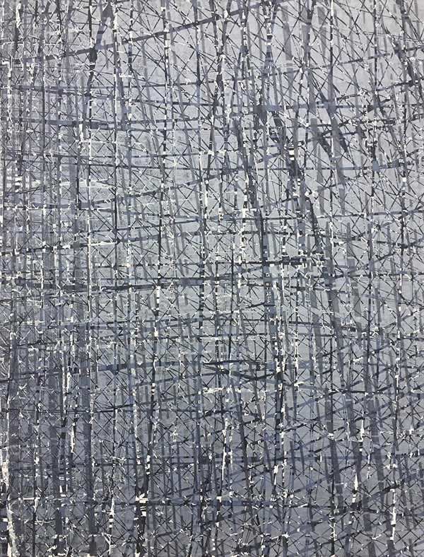 Artwork of silver and white lines over a grey background