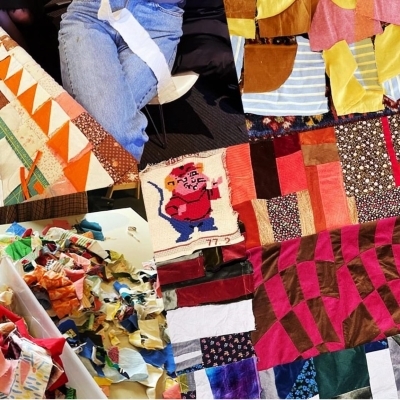 Collage of images taken of quilts and new mini quilts in progress