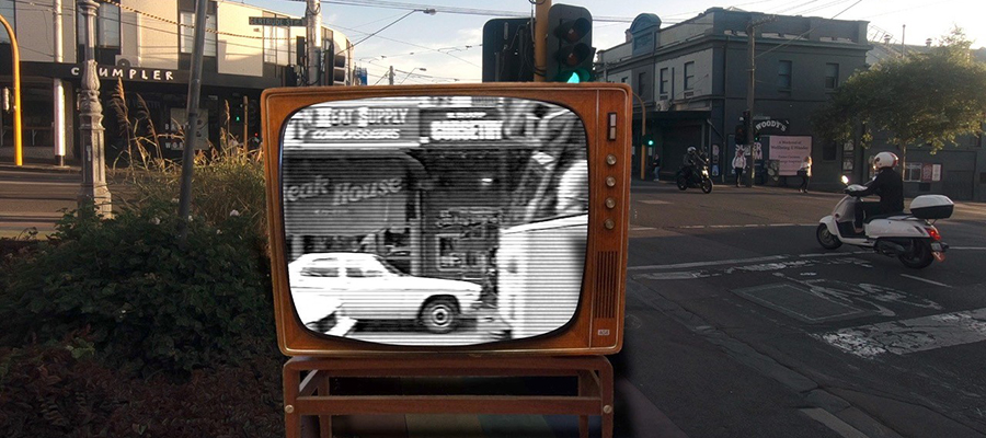 Wooden CRT television at the corner of Smith and Gertrude St
