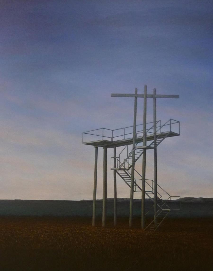 A painting depicting a platform, tower structure in a horizontal landscape of big skies and arid country.
