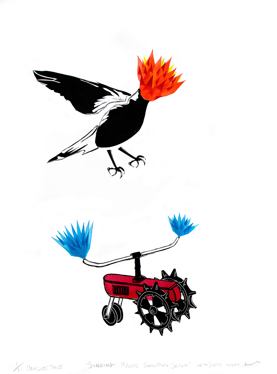 A print showing a magpie with a strange orange flower bud as a head. Under the magpie is a water  tractor spraying water like a sprinkler.