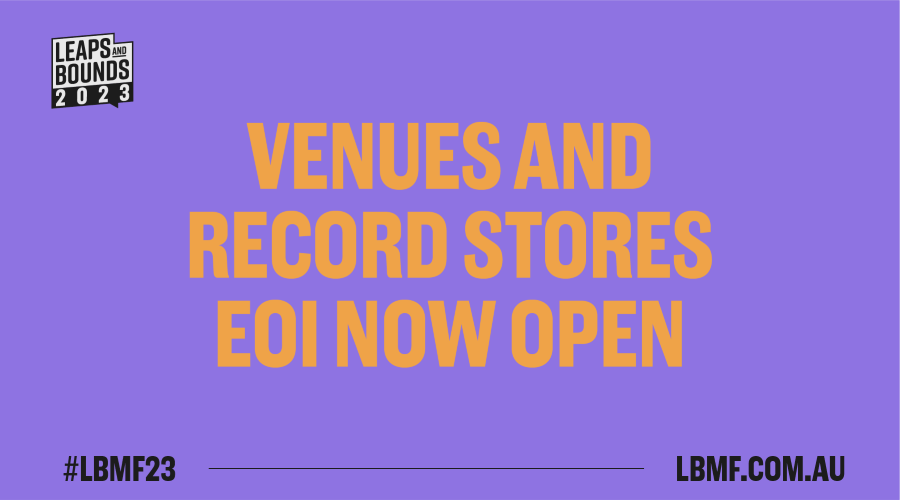 Yellow text on purple background 'Venues and Record stores EOI now open'