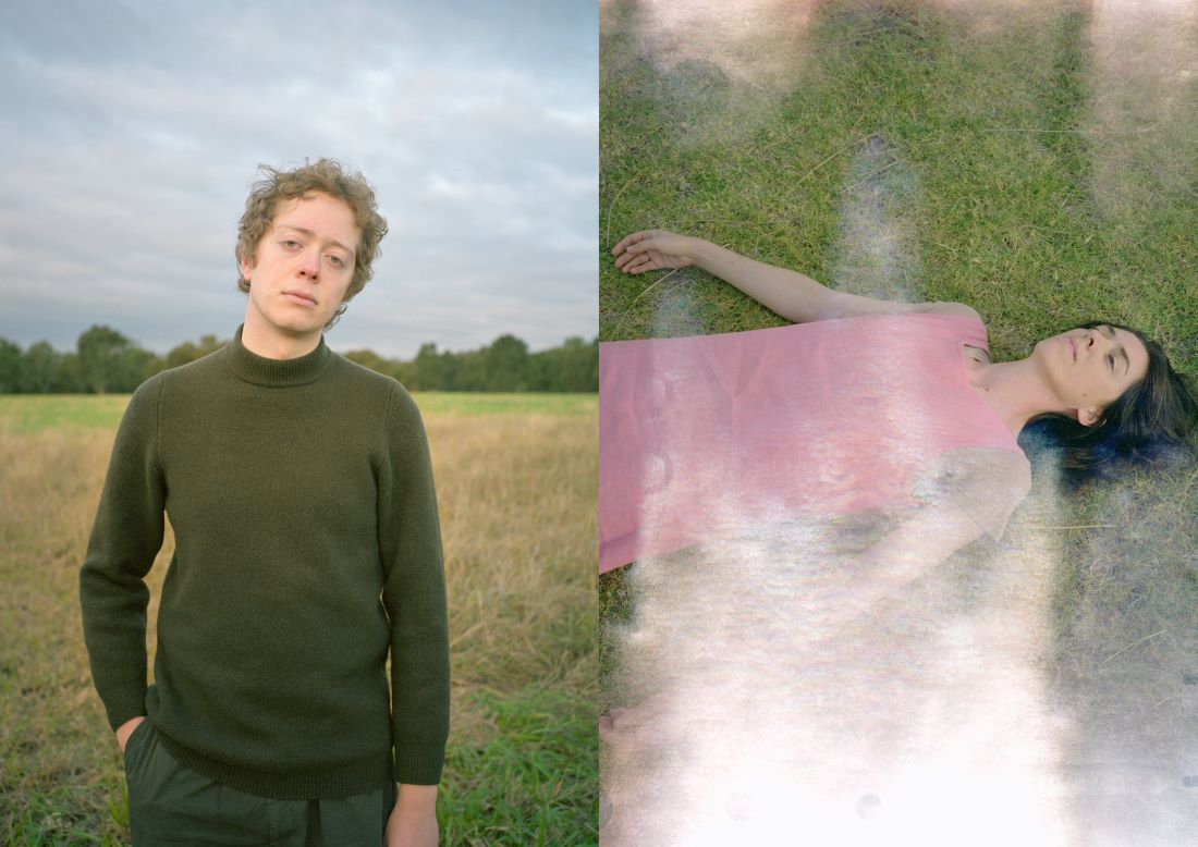 Two portrait images on either side of each other. On the left, there is a person with short hair staring into the camera. They are wearing olive green clothing with a field behind them. On the right, there is a person laying on grass wearing a pink dress. They are staring up at the sky. There are lens flares. 
