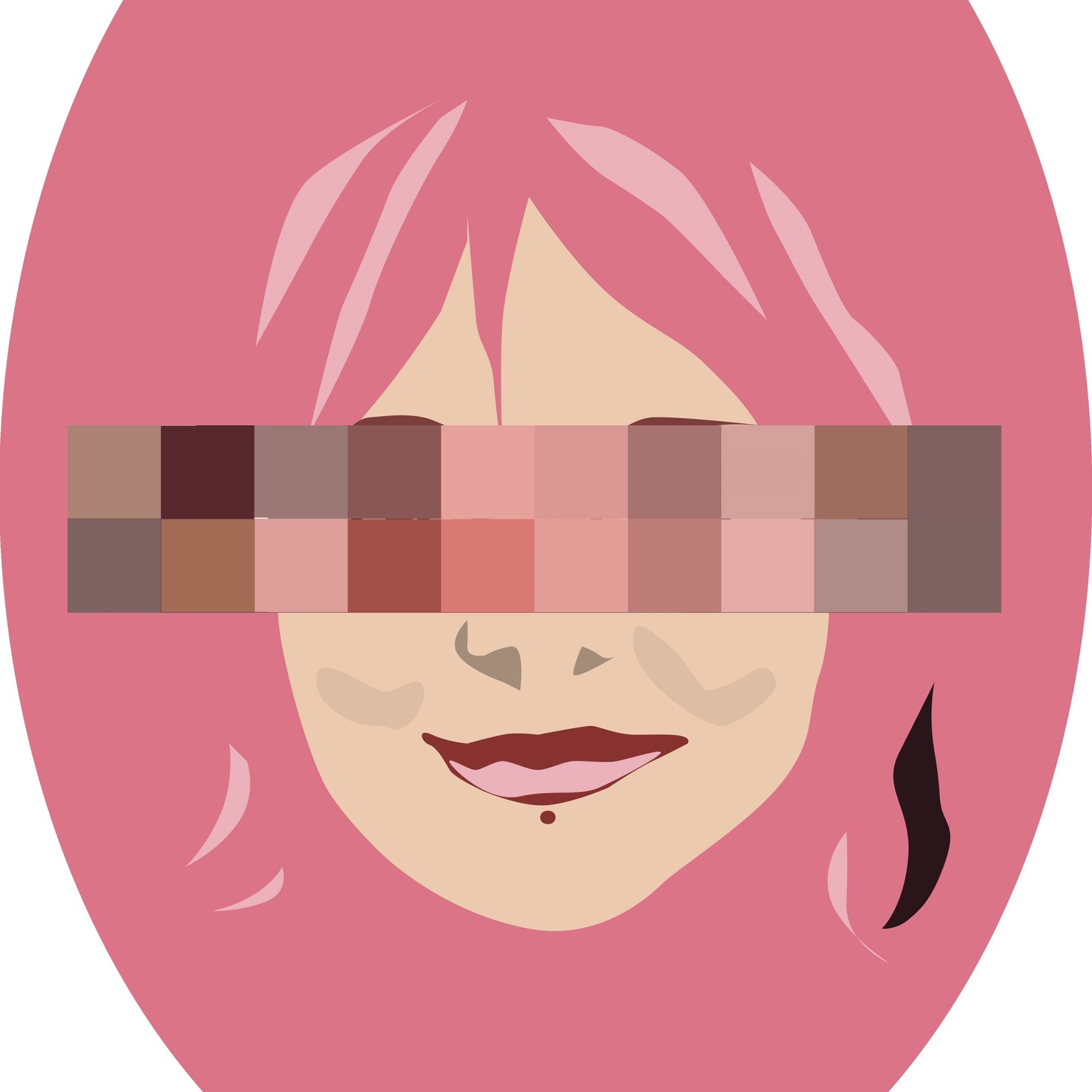 Digital portrait of woman with pink hair and blurred out eyes.