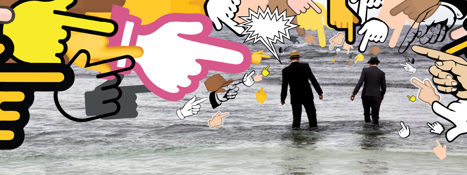 A landscape image with emoji pointing hands layered on top of each other, all pointing towards a central point where two figures wearing suits and fedoras are walking into the ocean. 