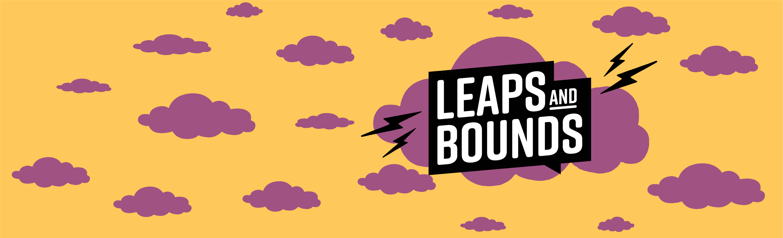 An orange background with purple clouds. There is a leaps and Bounds logo on the right side with lightning bolts.