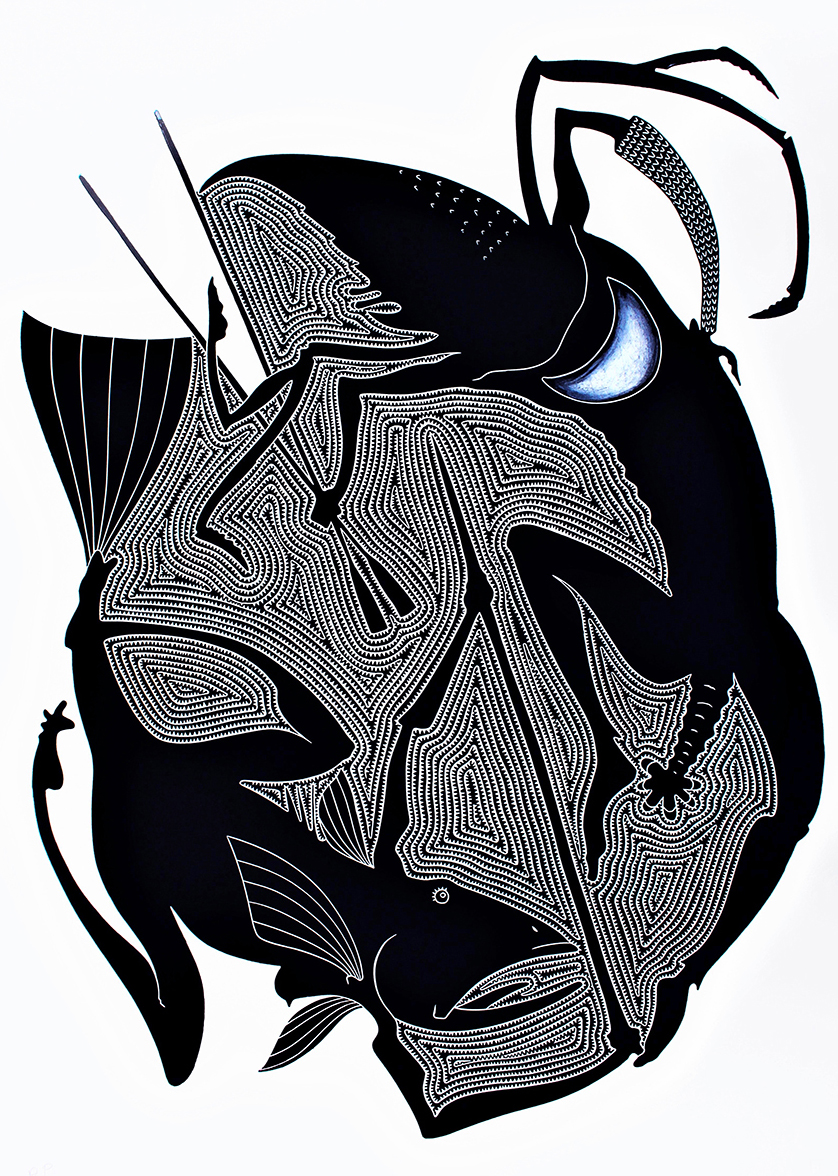 A print using line work, of two creatures in the process of metamorphasis. The creatures look like fish/crayfish/lizard hybrids.