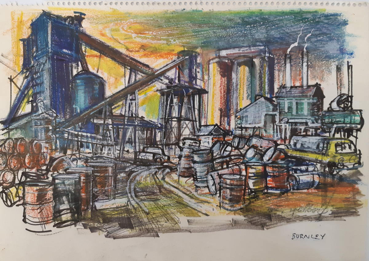 Ernest Marcuse, Burnley Industry (MN-32) from 'Burnley Sketchbook', c.1960s-70s oil pastel, gouache, fiber-tipped pen and coloured ball point pen over pencil. The Burnley Railway line is depicted surrounded by signs of industry.