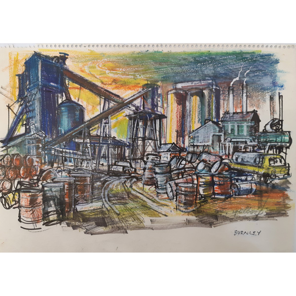 Ernest Marcuse Burnley Industry (MN-32) from 'Burnley Sketchbook', c.1960s-70s oil pastel, gouache, fiber-tipped pen and coloured ball point pen over pencil 25cm x 35.5cm 