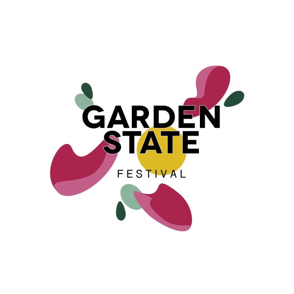 Garden State Festival. Garden State in bold, in front of green, red and yellow flower petal illustrations.