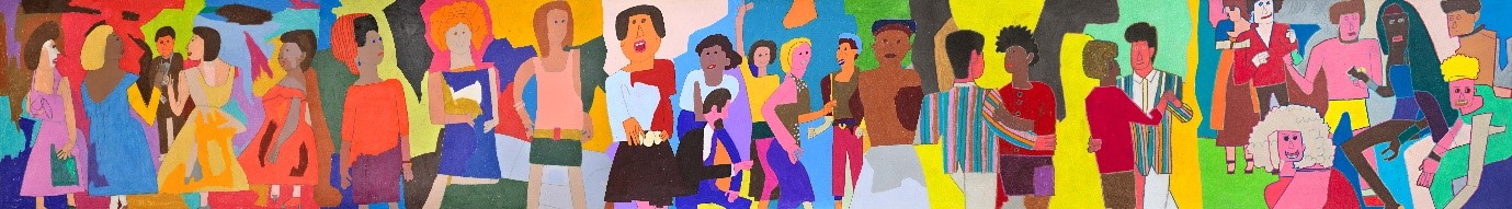A multicoloured illustrated poster, with many different figures and people. Some are talking and some are dancing. 