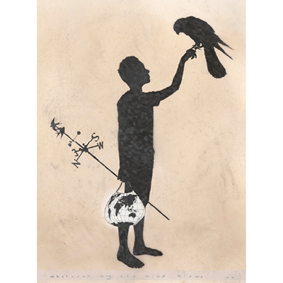 Martin King painting of a boy holding a wind-dial and a bird on his finger