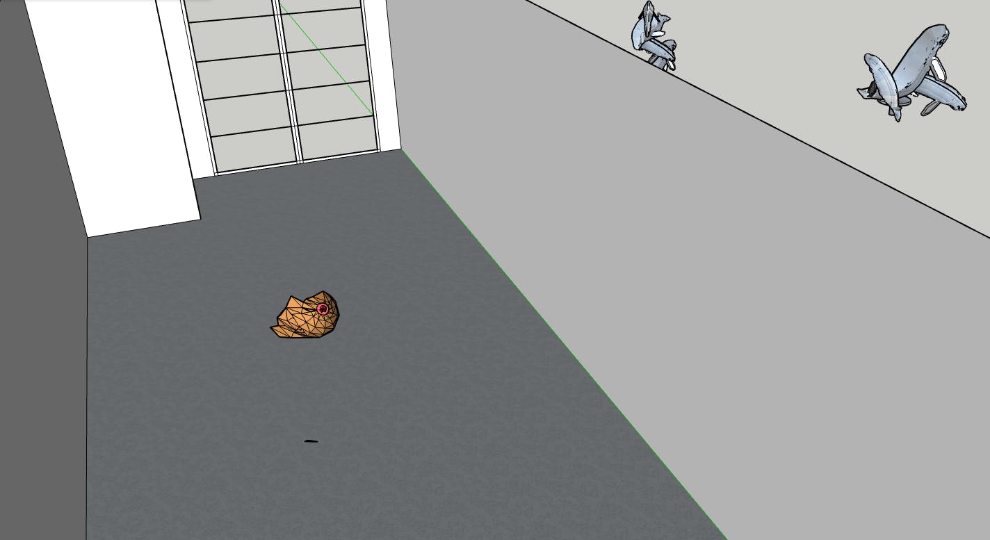 A grey 3D render of a room, with a shell in the middle floating. In the right-hand corner, there are seals and whales.
