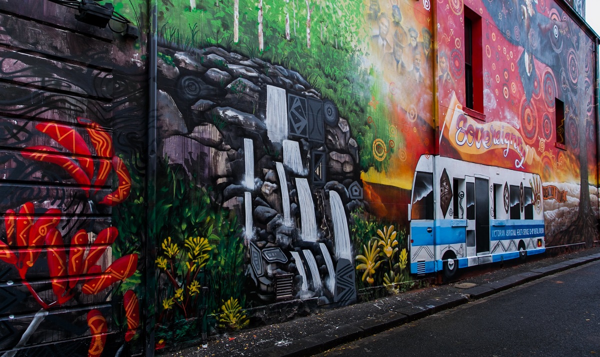 Colourful Aboriginal-inspired mural on Charcoal Lane, Gertrude Street, Fitzroy