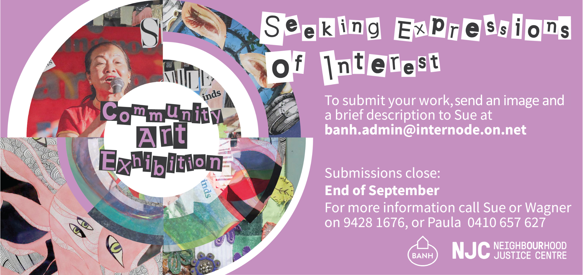A collection of community art works presented together in a circle. Text on the side states: Seeking Expressions of Interest. To submit your work, send an image and brief description to Sue at banh.admin@internode.on.net