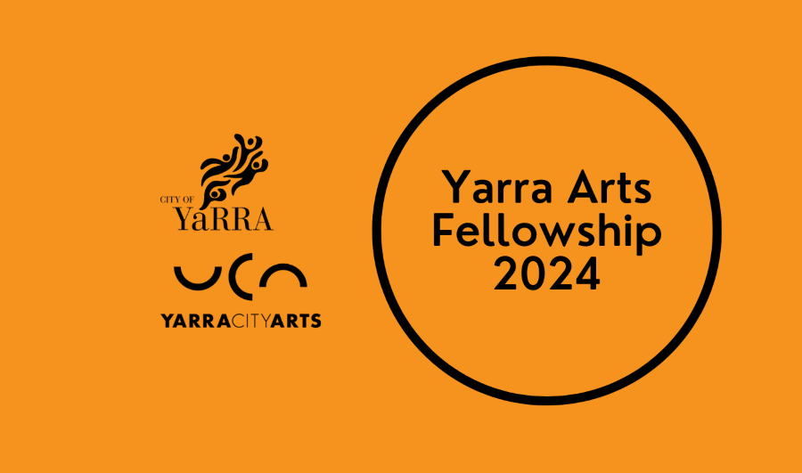 Orange background with a black circle and black text reading 'Yarra Arts Fellowship 2024'