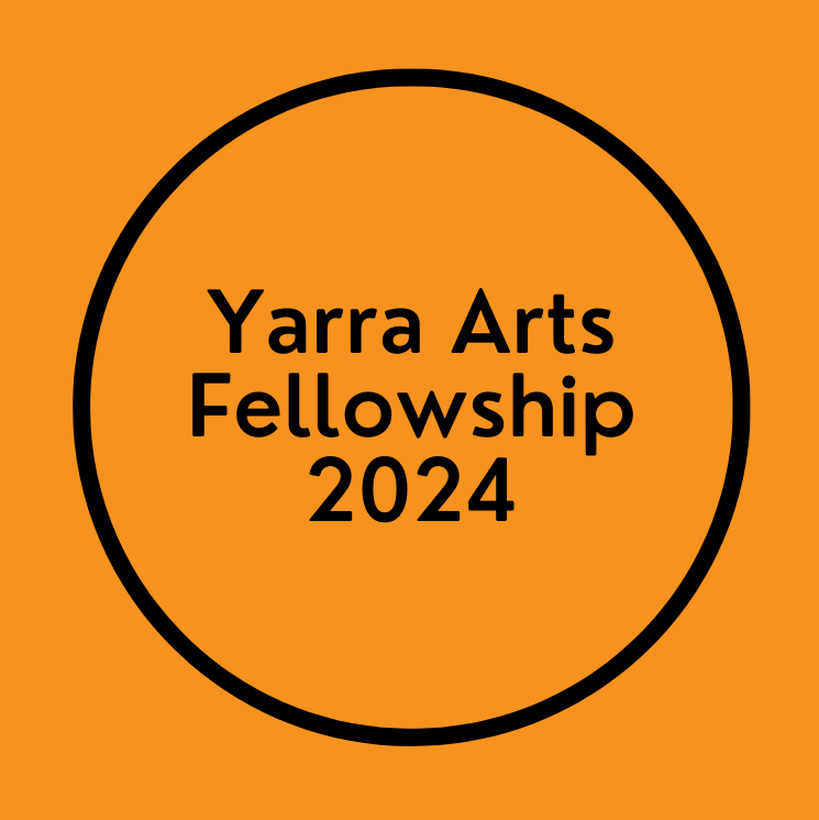 Orange background with black circle and black text reading 'Yarra arts fellowship 2024'