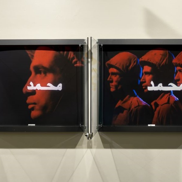 two photographic artwords featuring soldiers, red and blue lighting with arabic text over the soldiers faces. 
