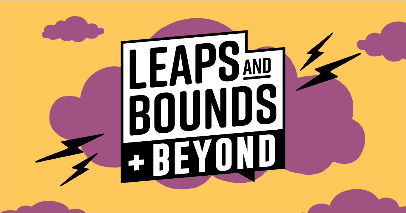 Leaps and Bounds and Beyond logo on an orange background with purple clouds. 
