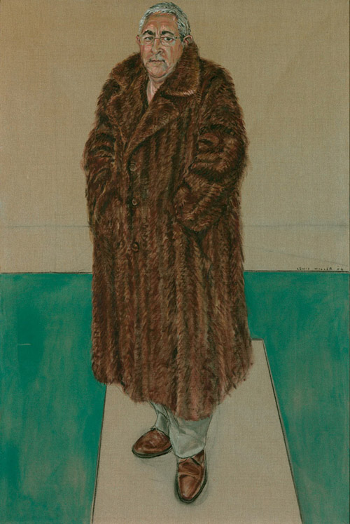Jonathon Hartley wears a brown fur coat, blue trousers and brown shoes. The foreground is aqua and the background cream. He stands in the middle of a cream square. 