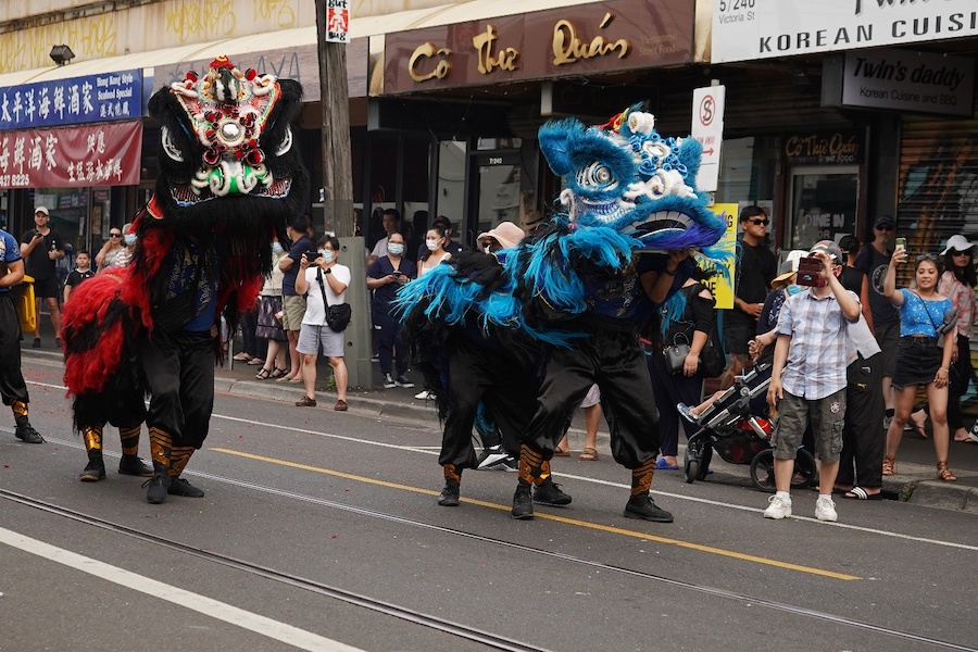 A blue and red dragon dance at 2021 Lunar Festival