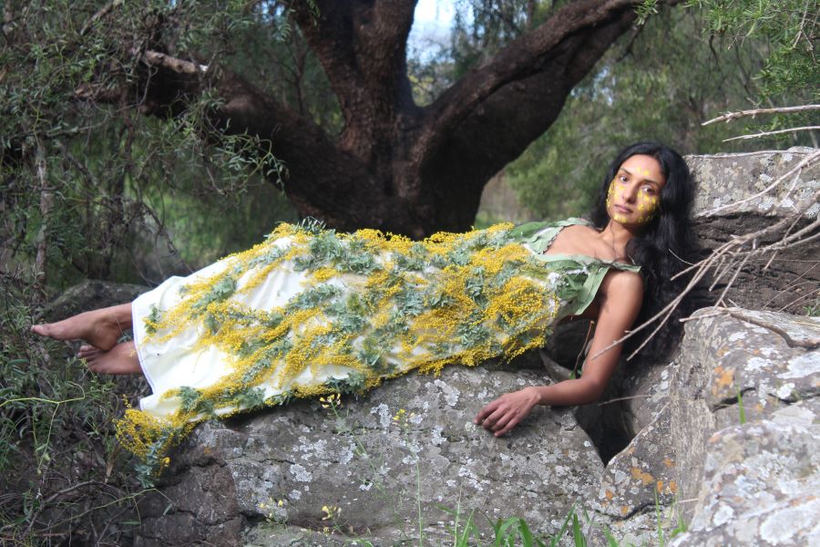 Photo of a woman, laied out on a rock, with a dress droned with green and yellow native flowers