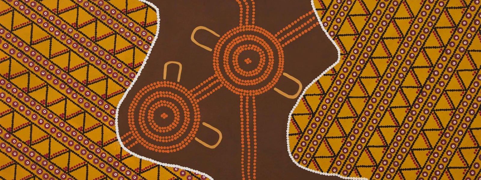 Orange, yellow and brown Aboriginal art patters strike and flow through the image. 