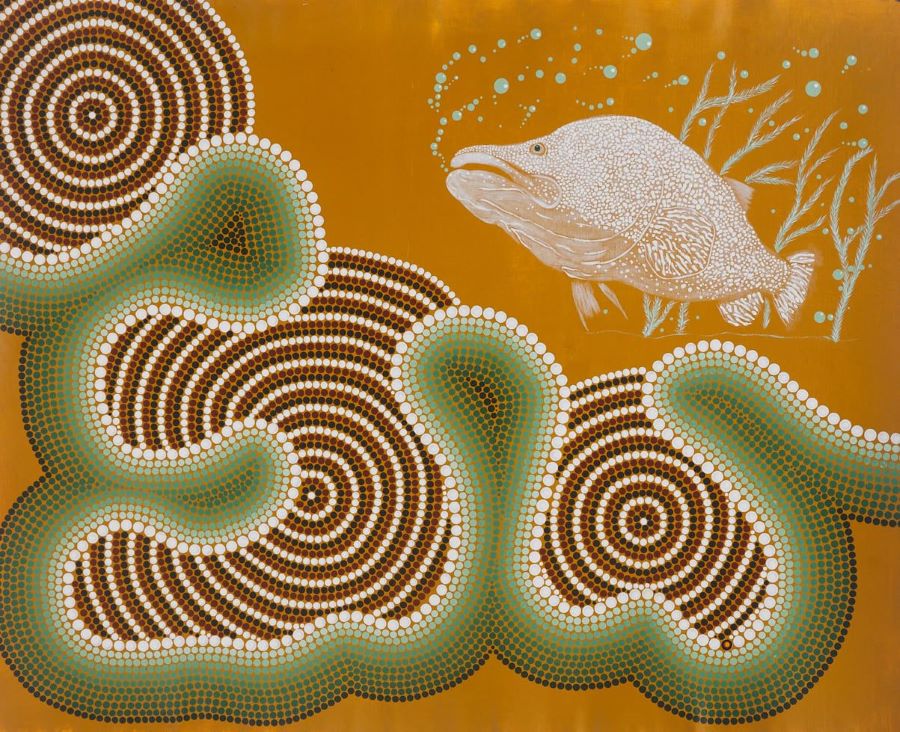 Aboriginal painting of a green, orange, brown and white pattern, with a white fish in the corner. 