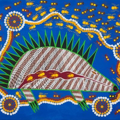 Aboriginal painting of a Echidna surrounded by patterns on a blue field. 