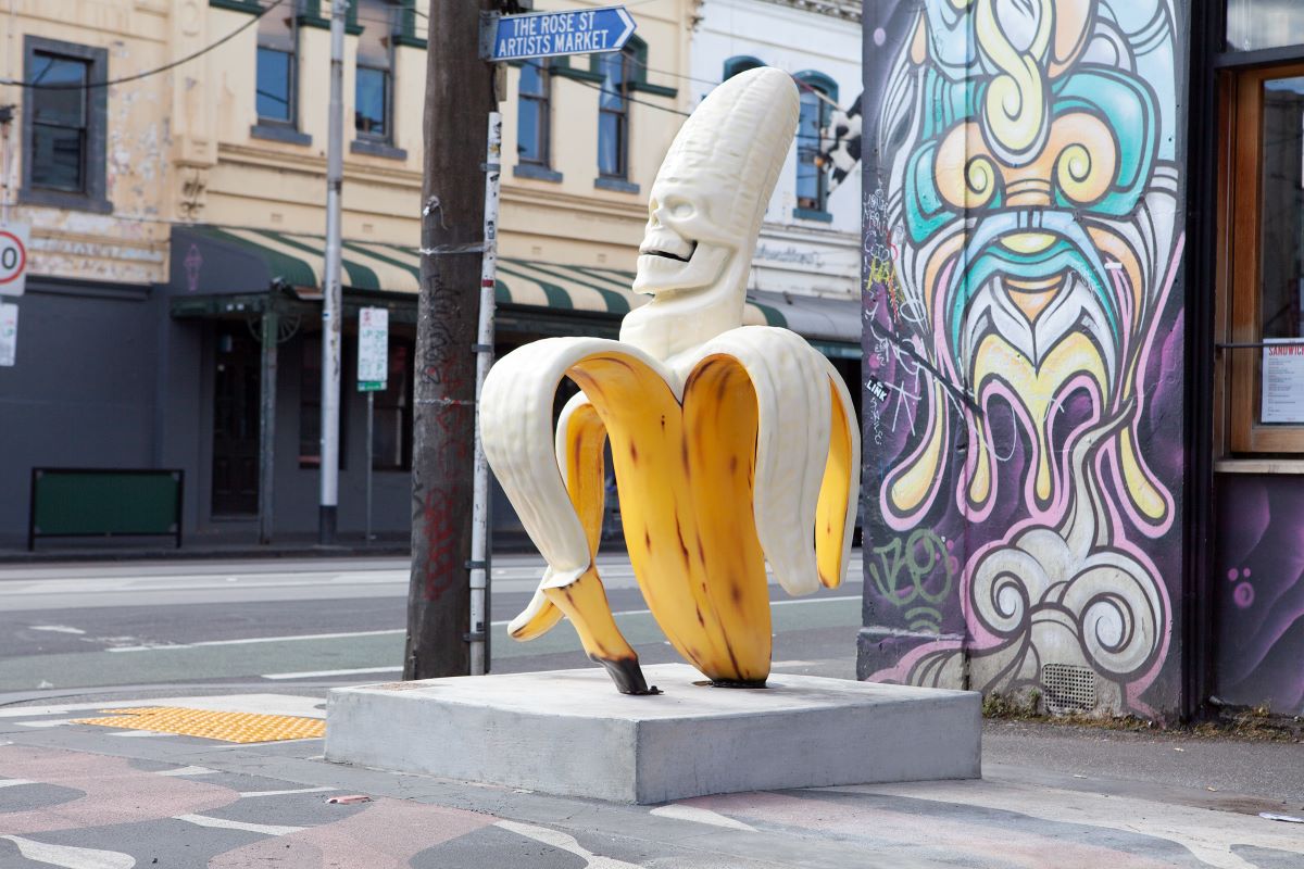 A new sculpture on Rose St by artist Adam Stone. The artwork is a banana that features a face, which is unpeeled. The banana is bright yellow, and is about 150cm tall.