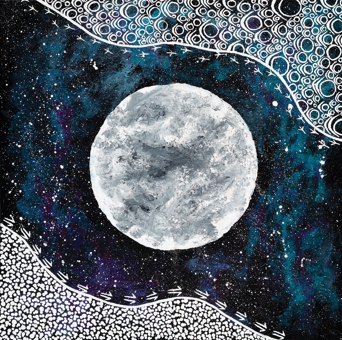 A dark blue painting with a moon shape in the middle, with white circles and lines passing by the top of the bottom with circles and animal footprints.