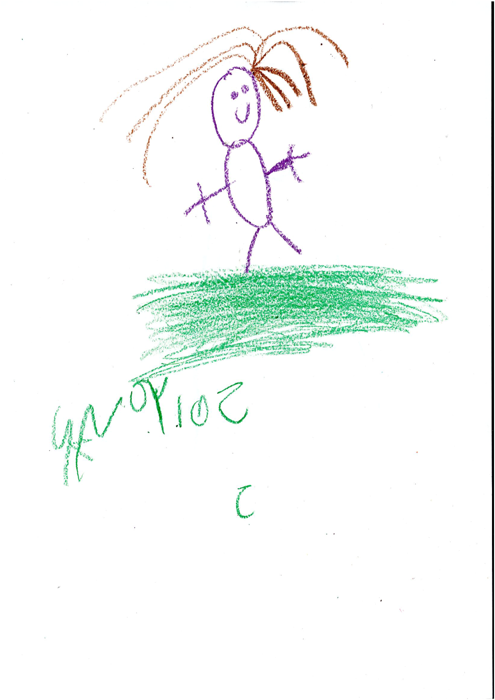 Crayon drawing of a figure in purple with great hair by Solyana