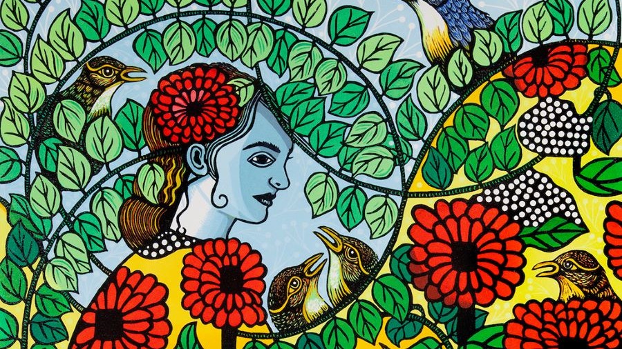 A colourful linocut of a person with a flower in their hair, surrounded by vines of leaves and multiple birds. The person is wearing a yellow dress of some kind.