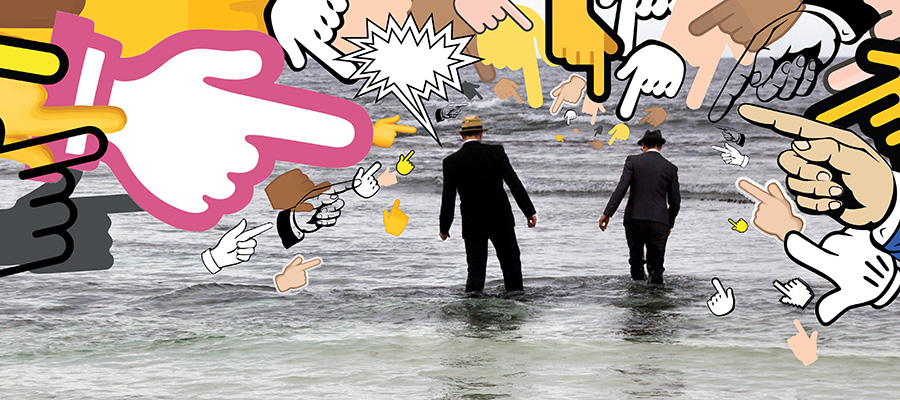 Two men in suits wading through water while an array of graphic hands point fingers at them