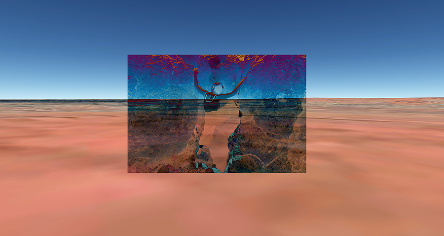 Figure in a psychedelic rectangle juxtaposed against desert horizon