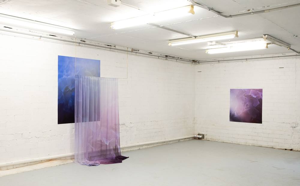 An artwork installation of two artworks hung on white brick walls. The first artwork is dark blue with a purple fabric hanging partly across the front of the image. The second artwork is a square abstract photograph attached to the wall in purple colours.