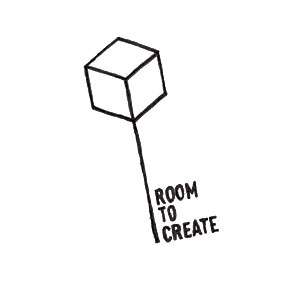 A black and white image of a key with a box shape at the top with text on the right that reads 'Room to Create Fund'