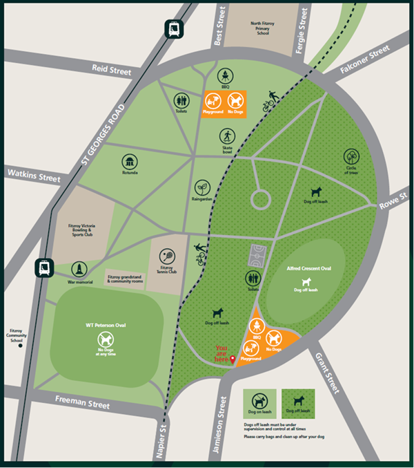Map of Edinburgh Gardens showing off-leash areas for dogs