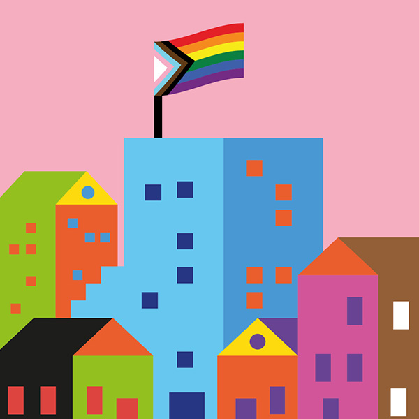 minimalist image of rainbow buildings against a pink background with a pride progress flag