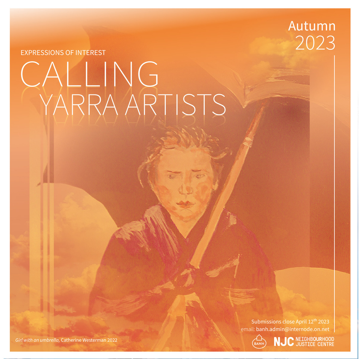 Orange washed out graphic painting of a cartoon person holding an umbrella, 'Calling Yarra Artists' is the main text.