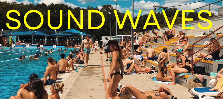 A lot of people sitting in and around Fitzroy Pool in a sunny day with the words Sound Waves across the image