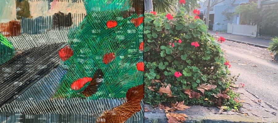 Artwork by Tarli Bird showing a split screen. Paiting versus street, curb and plants. 