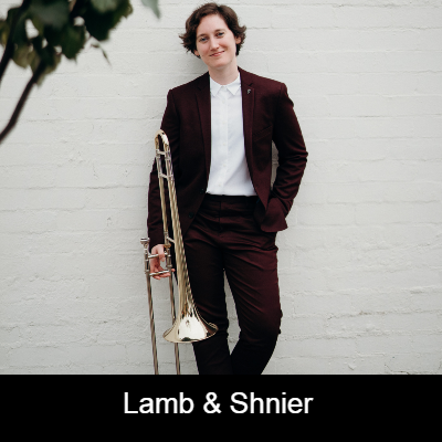 Musician leaning against white wall with their trombone 