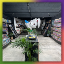 A person in a Bunny Rabit costume holding a record in a record store